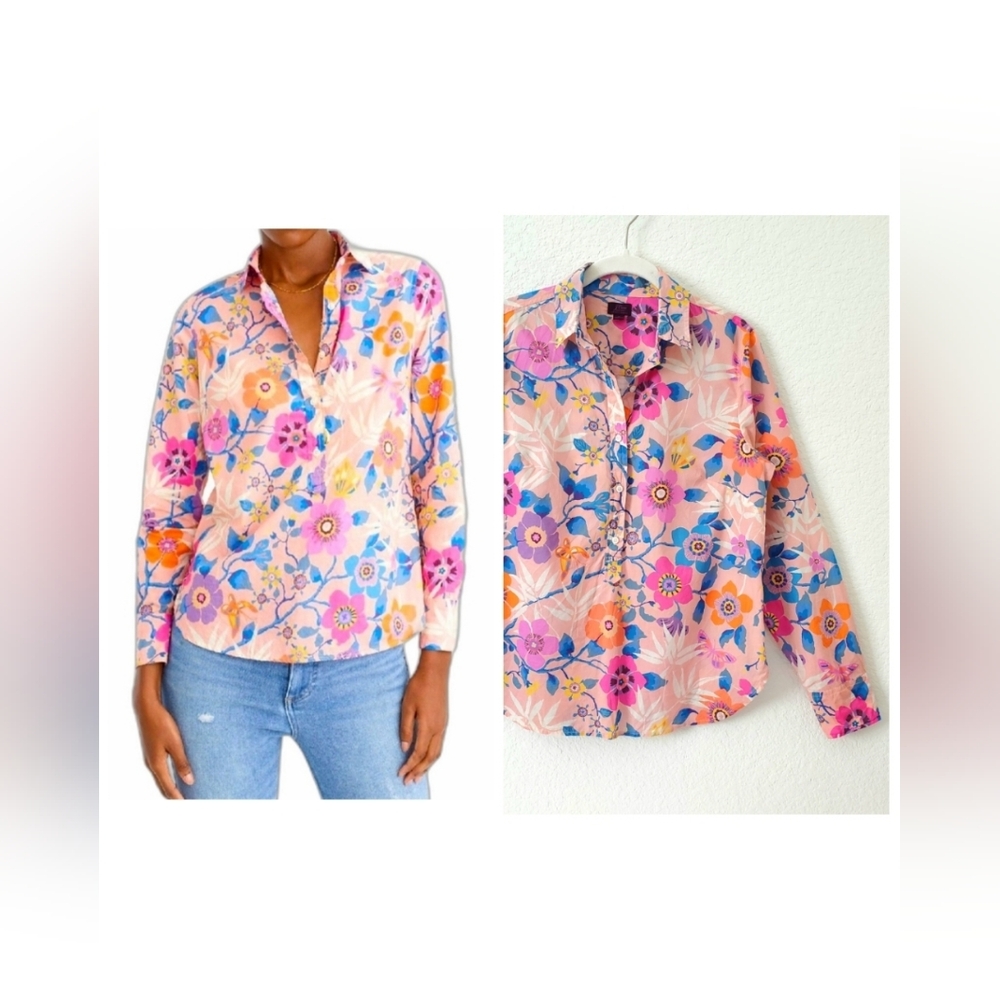 J. Crew Liberty Cotton Pavilion Floral Vibrant Pink Classic Popover Shirt Top 6